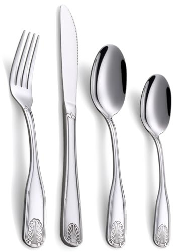 Deeny Jarte Cubertería de Plata de 16 Piezas con Diseño de Concha – Acero Inoxidable, Pulido a Espejo, Apta para Lavavajillas, Ideal para 4 Personas (Cuchillos, Tenedores, Cucharas)