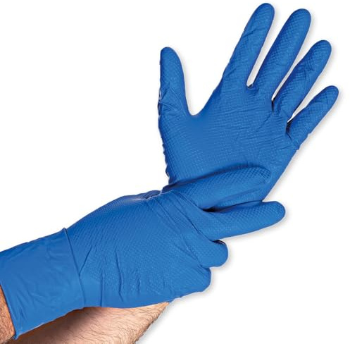 FRANZ MENSCH 50 Stück Nitrilhandschuhe Power Grip Long Extra | puderfrei, Packung, blau, 8/M, L: 30cm, Einmalhandschuhe, Gastronomiehandschuhe, Industriehandschuhe, Montagehandschuhe