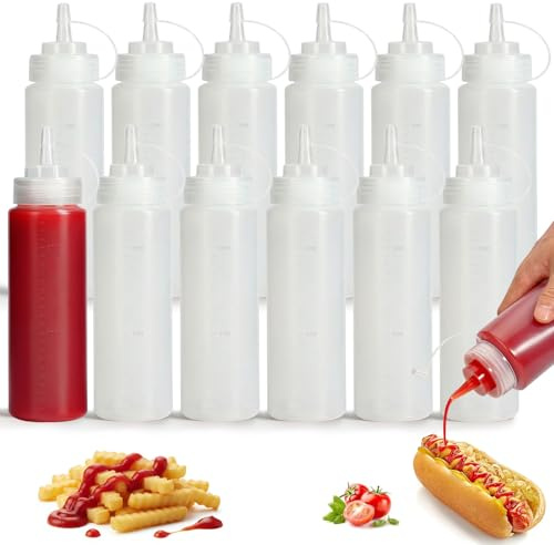OAMCEG 12 Stück Squeeze Flaschen, 240ml 8oz Kunststoff Gewürz Squeeze Würzpressflaschen Squirt Flaschen mit Diskreten Messungen, für Ketchup, BBQ, Saucen, Sirup, Gewürze, Dressings