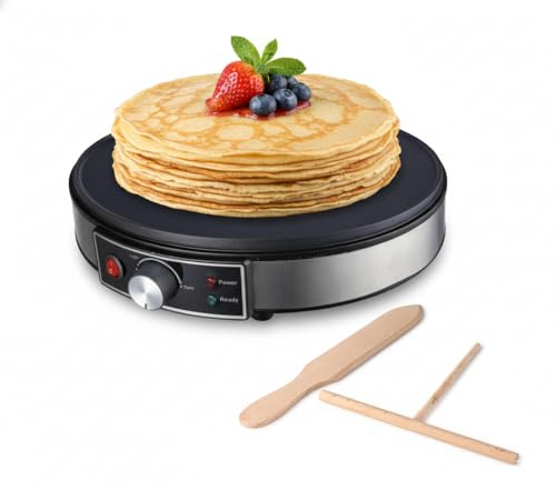 Morning Star 12-Inch Electric Crepe Maker with Nonstick Cooktop | Portable Griddle | Adjustable Temperature Control | Includes Wooden Spatula, Batter Spreader, 2 Recipe Booklets