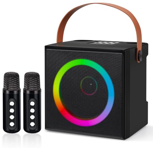 LAMA Karaoke Maschine mit kabellose 2 Mikrofonen Karaoke Anlage, Karaoke Lautsprecher mit RGB-Licht, Bluetooth Lautsprecher Box tragbare Mikrofon Lautsprecher System, Karaoke Set Karaoke Box, Schwarz