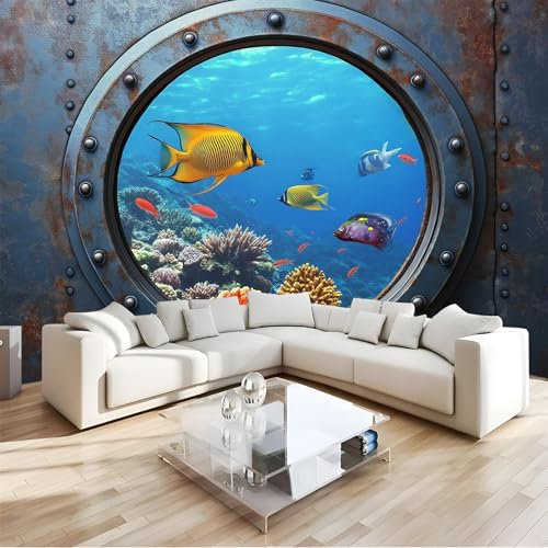 Papier peint mural amovible représentant des poissons du monde sous-marin, papier peint mural 3D pour fenêtre, papier peint à décoller et à coller, salon, arrière-plan de télévision - 300x210 cm