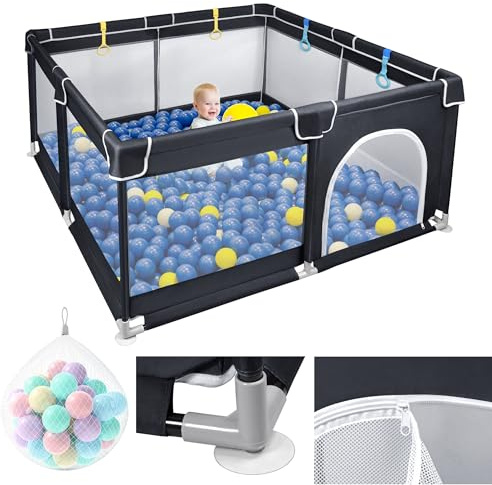 Aufun Laufstall Baby Laufgitter 300D Oxford Gewebe, mit Anti-Kollision Schaum Absperrgitter, Atmungsaktivem Netz, Reißverschluss (Schwarz, 127x127x68cm)