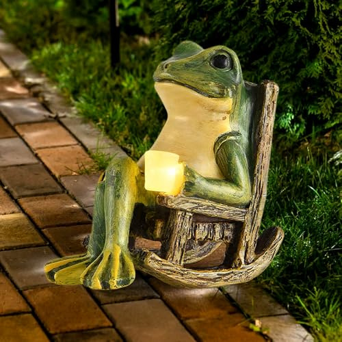 SKIKHN Figurines et statues de grenouille pour solaire et jardin, décoration extérieure avec lampes LED