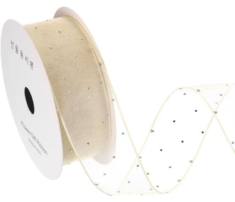 sourcing map Organza Sheer Ribbon with Silver Rhinestone, 1.6 Inch x 10 Yard Gauze Wired Ribbon for Christmas Tree Wreath Bow Making Gift Wrapping Party Decoration, Apricot