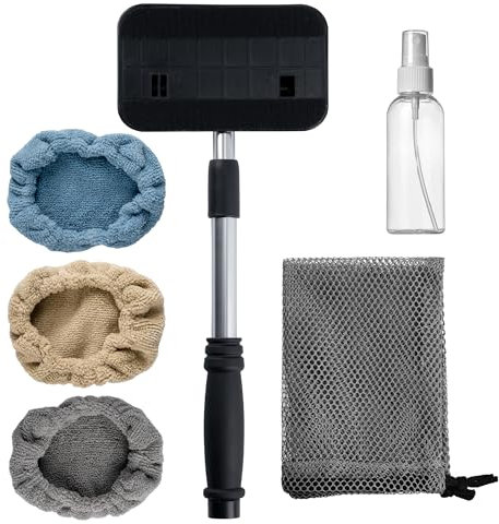 POLYTE Pivoting Extra-long Windshield Glass Cleaning Tool Extendable Aluminum Handle w/3 Premium Microfibre Covers