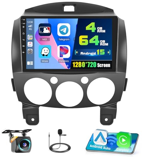 4+64G Android 15 Car Stereo for Mazda 2 2007-2014,9 inch IPS 1280 * 720 Touch Screen Radio Wireless Apple Carplay Android Auto 32EQ 5G WiFi Bluetooth GPS FM RDS+Free AHD Backup Camera