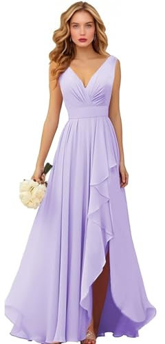 Vestidos largos de gasa con cuello en V y abertura, vestidos de noche formales acampanados, fruncidos para mujer, invitadas de boda, Lila, 38