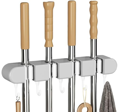 HSUYUN Besenstiel Halterung, Selbstklebend Besen Wandhalterung, Grau Besenhalterung Ohne Bohren, 4 Clips und 5 Haken Halterung Besen Wand, für Küche, Garage, Garten, Balkon