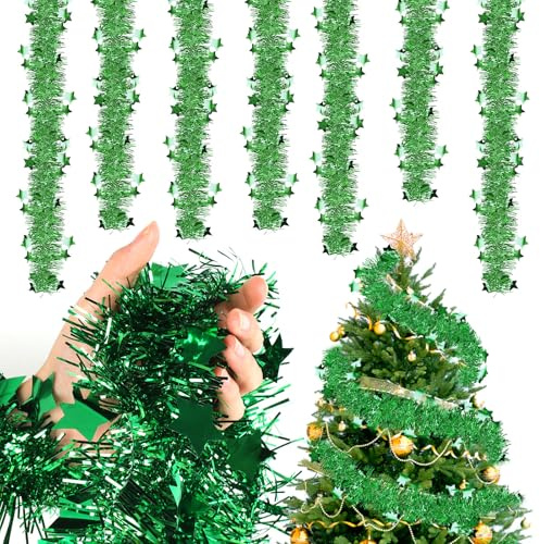 8 Stück x 2M Lametta Girlande Weihnachten, 16M Glänzend Weihnachtsgirlande, Christbaumschmuck Girlande mit Sternen, Weihnachtsgirlande, Weihnachtsdeko für Baum, Kamin, Treppe & Fenster (Grün)