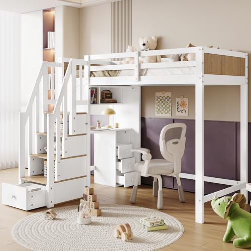 EINHOM Etagenbett 90 x 200 cm, Kinderbett mit Fallschutzgitter, Schreibtisch mit 3 Schubladen, 4-Stöckiger Trapezförmiger Kleiderschrank, Offenes Bücherregal, Kiefer+MDF, Weiß+Natur, Ohne Matratze