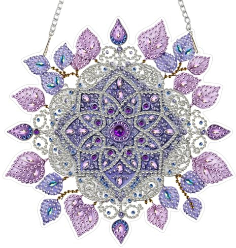 AIRDEA DIY Purple Mandala Diamond Art Ornament Kit for Adults, Double-Sided Mandala Leaves Diamond Painting Hanging Kit, DIY Acrylic Special Shaped Drills Hanging Suncatcher