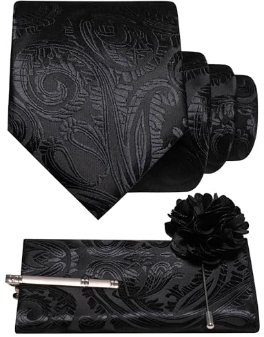 RBOCOTT Mens Wedding Black Floral Tie Paisley Woven Necktie Pocket Square and Lapel Pin with Tie Clip Set for Business 4PCS(1)