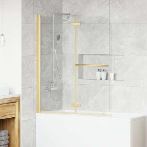 Enceinte de Douche Doré 120 x 140 cm Verre ESG et aluminium pliable réglable pivotante pour salle de bain cabine baignoire avec panneau vitre coulissant et poignée
