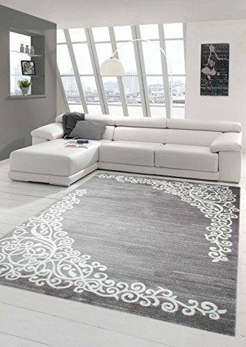 Moderner Teppich Designer Teppich Orientteppich mit Glitzergarn Wohnzimmer Teppich mit Floral Muster Meliert in Grau Creme Größe 160x220 cm