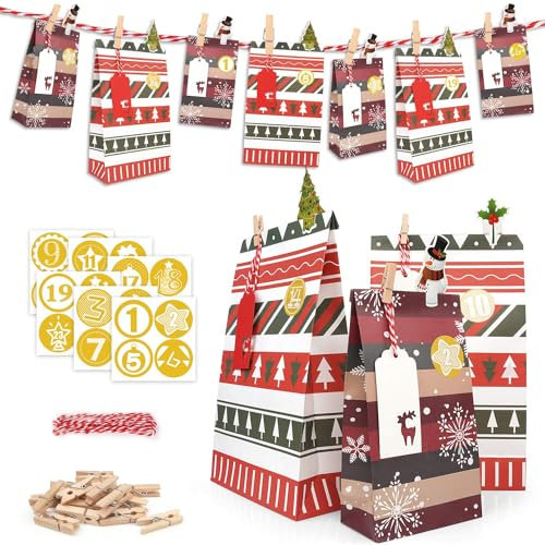 ONEHAUS Adventskalender 2025 zum Befüllen Groß, Geschenk Papiertueten Zum Selber Befüllen Basteln Pinguin Advents Tüten, Selbstgemachter Kleinigkeiten für Adventskalender Inhalt Kinder Selberfüllen