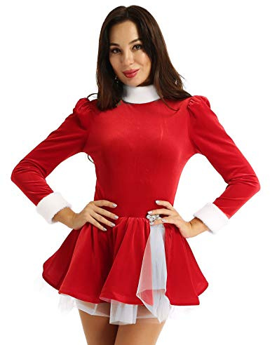 YiZYiF Damen Weihnachten Kostüm Weihnachtsfrau Cosplay Eiskunstlauf Kleid Langarm Samt Weihnachtskleid Tanzkleid Ballett Trikot Ballettkleid Rot S
