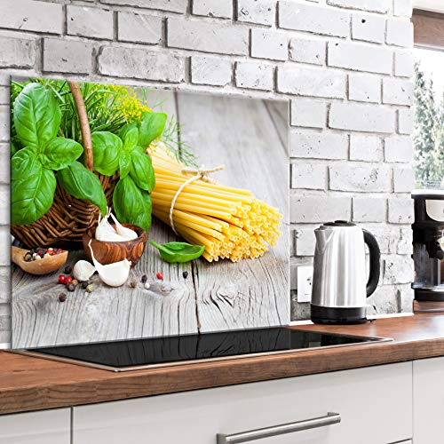 murando Crédence Cuisine en Verre Trempé - Plaque Anti-Projection 80x60 cm | 4 mm, Anti-Éclaboussures, Résiste à la Chaleur, Facile à Nettoyer, Déco Moderne, Pâtes Basilic Ail Bois