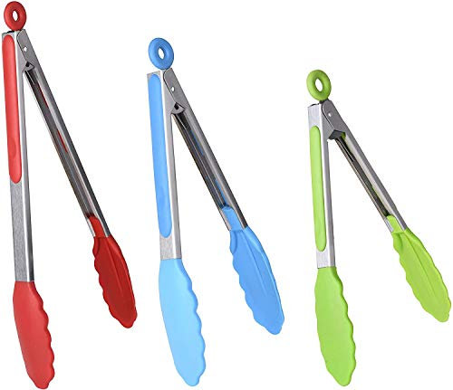 Kitchen Tongs, Set of 3, Non-Slip Stainless Steel Tongs with Locking Clip for Cooking, BBQ, Serving, Heat Resistant, Food Grade (Multicolor, 7/9/12 Inch)