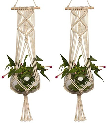 AGSYFFD Makramee Hängekorb 2er Set, Boho Blumenampel Hängend aus Baumwollseil, Pflanztopf Hänger für Innen & Außen, Dekor für Balkon, Fenster, Garten