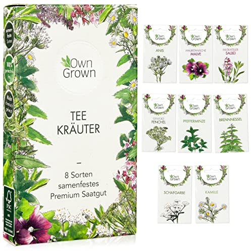 Tee Kräuter Samen Set: 8 Sorten Saatgut für Balkon und Garten – Pfefferminze, Kamille, Anis Samen, Brennnessel, Malve – Kräutersamen – Tee – Tee Box – OwnGrown Kräuter