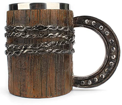 YXSH Catena di Ferro Imitazione Barile di Legno Resina in Acciaio Inossidabile Boccale di Birra 3D Calice Gioco Boccale Tazza di caffè Tazze di Vetro di Vino Regalo da 600 Ml