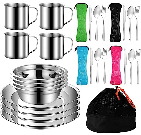 Outdoor Camping Mess Kit, Stainless Steel Tableware Mess Kit Includes Plate Bowl Cup Spoon Fork Knife in Mesh Bags for Camping Backpacking & Hiking for 4 Person