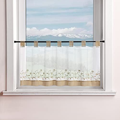 Delien Voile Scheibengardine mit Schlaufen Kurzstores Modern Transparente Bistrogardinen Küchengardinen Landhaus mit Blumenstickerei Klein Fenster Gardinen Kurz BxH 90x60cm,Sand