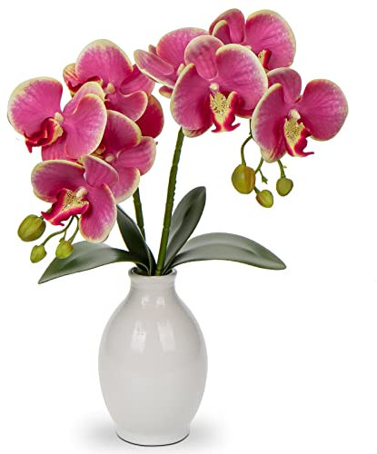 Hollyone 40CM Artificial Pink Orchid Flower in Vase, Large Fake Orchid Plant with Ceramic Vase, Decorative Faux Phalaenopsis for Home Decor, Bathroom, Living Room, Desk, Centerpiece Decorations