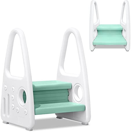 JNGLGO Marche Pied pour Enfant Pliable, Tabouret 2 marches, Multifonction et Antidérapant avec Poignées - Tour d'observation pour Chambre d'enfant, Salle de Bain, Cuisine - Vert Clair
