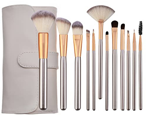 SHUBEIEUMI 12 Stück Make Up Pinsel Set, Professionelle Kosmetik Make Up Pinsel Werkzeuge, Makeup set für Concealer, Abdeckstift, Blush Palette, Puder, mit Beige Ledertasche