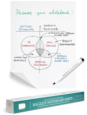 Easycling Magique - Pellicola autoadesiva per lavagna bianca, con 25 fogli e 1 pennarello incluso, per tutte le superfici dure, aderisce senza adesivi o magneti, 60 cm x 80 cm