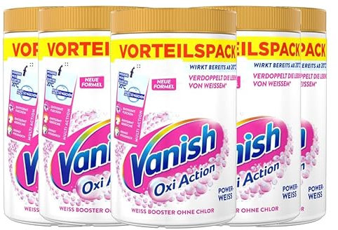 Vanish Oxi Action Powerweiss Pulver – 5 x 1,65 kg – Fleckenentferner und Wäsche-Booster Pulver ohne Chlor – Für weiße Wäsche
