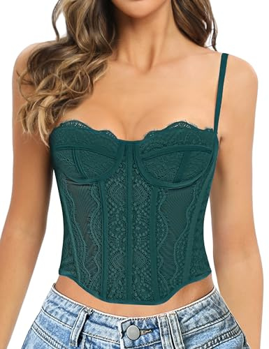 GainKee Corset en dentelle pour femme - Bustier en dentelle avec bretelles - Corset pour sortir, fête, vert, Medium