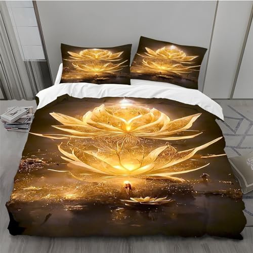 BAIL Housse de Couette 240 x 260 Lotus Doré Housse Couette Très Doux Parure de Lit Adulte en Microfibr 2 Taies d'oreiller 65 x 65 cm Convient pour Chambre