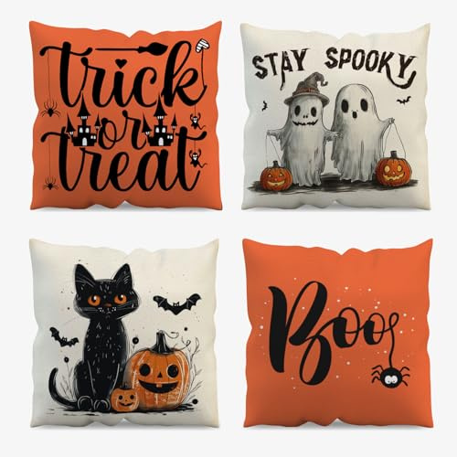 AIBIIN Juego de 4 fundas de cojín de Halloween, fantasma, gato negro, calabaza, fundas de almohada de lino, decoración de Halloween para sofá, hogar, dormitorio, 45 x 45 cm