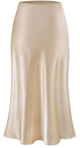 Amy Babe Womens Satin Silk Midi Skirt High Waist A-Line Casual Elastic Waist Long Skirts for Women (Champagne, Small)
