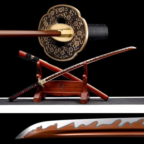 Handgefertigtes Samurai Schwert mit Naturholz Saya,Rotem Manganstahl Klinge mit handpoliertem Flammenmuster,Geschnitzte Tsuba aus reinem Kupfer,103cm Katana für Kendo,Geschenk,Sammeln,Kampfsport
