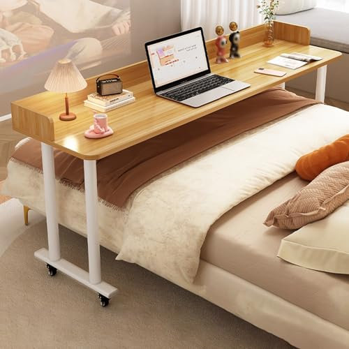 Betttisch auf Rollen Beistelltisch Hergestellt aus Kohlenstoffstahlrahmen und Massivholz, Pflegetisch Beistelltisch für Betten(Natural,130 * 40 * 80cm)