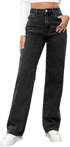MANGGUO Damen-Jeans, hohe Taille, gerader Schnitt, gerade, Baggy, breite Beine, schlankmachend, mit allen Hosen für Herbst und Winter, elastisch, klassisch, Denim（Schwarz, S）