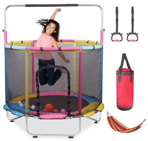 Dnkelar Trampolin, Gartentrampolin mit Sicherheitsnetz, Trampolin bis 100 KG belastbar, Durchmesser 140 cm Indoor-/Outdoortrampolin für Kinder
