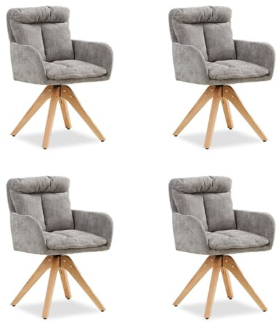 Homestyle4u 4er Set Esszimmerstühle Samt Grau - Drehbar mit Armlehne | Moderne Polsterstühle mit Holzbeinen für Küche und Wohnzimmer, ergonomische Küchenstühle, Maße 58,5x84x60 cm