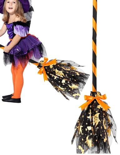 Halloween Hexenbesen Mesh Besen Hexe Fliegen Kostüm Requisiten - Halloween-Besen mit LED Beleuchtung, Themenparty Requisiten Krabbeln Besen Stick Hexenrequisiten für Tür Wand