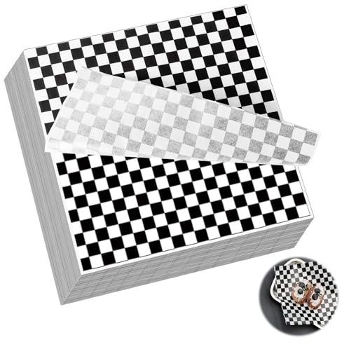 SHUESS Lot de 300 feuilles de papier ciré sulfurisé pour panier alimentaire, papier sandwich à carreaux noirs et blancs, 28 x 26 cm