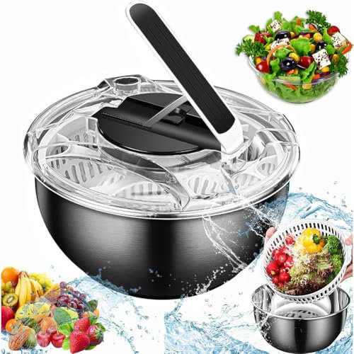 Stainless Steel Press Type Salad Spinner, 3.5L Lettuce Dryer with Colander Basket, Double Fruits Vegetable Washer Dryer, Strainer Drainer Dehydrator for Cleaning, Drying and Storing