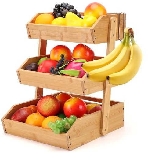 Savorella Bamboo Fruit Basket – 3 Tier Fruit Bowl For Kitchen Counter, Large Capacity Fruit Holder With 2 Banana Hangers, Countertop Vegetables Fruit Bowl, Idea For Fruit and Vegetable Storage