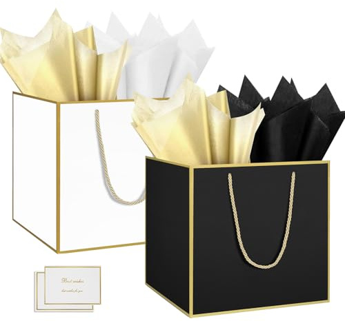 HONTIUS Geschenktüten Groß, 11.8 Quadratische Geschenktüten Geschenktüte xxl mit Taschentuch und Karten, Lächeln Geschenk Tüte Papiertüten mit Henkel 30*30*30cm Gift Bag Bags 2 Stück Braun Schwarz