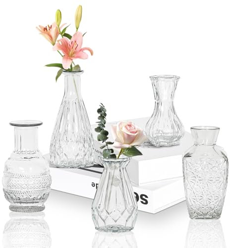 Lot de 5 petits vases en verre transparent avec couvercles pour décoration de table, mariage, réception, maison, bouteilles vintage (5, transparent)
