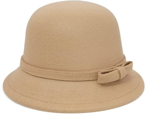 WULIQIUQIU Filzhut für Damen, Schleife, Fedora, Fischerhut, 1920er-Jahre, Vintage-Mütze, beige, Einheitsgröße