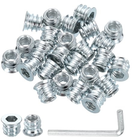 sourcing map 50 Pcs Threaded Insert for Wood, 1/4 - 20 Carbon Steel Threaded Studs Hex Socket Drive Nut Inserts Screw in Nut Fastener Connector with Hex Wrench 10mm Length for Home, Silver
